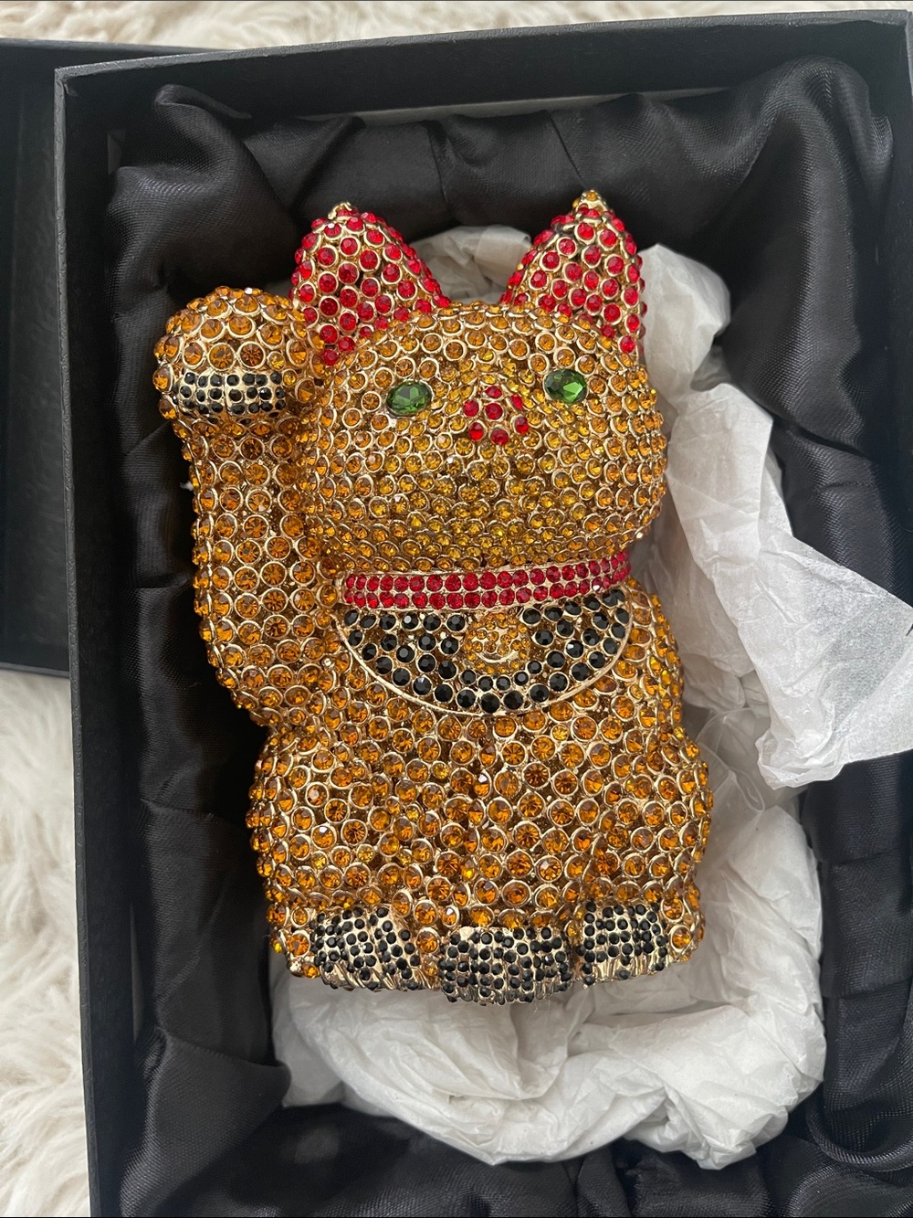 Swarovski Gold Crystal Maneki Neko Clutch with Red and Green Accents